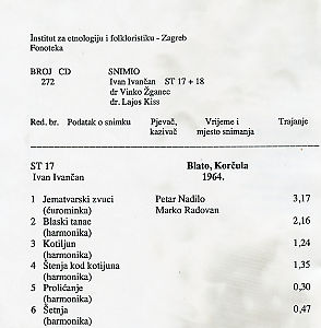 Instrumentalna i vokalno-instrumentalna glazba u Blatu na Korčuli, 1964. Mađarske i hrvatske narodne pjesme iz Korođa u Slavoniji. 1960.
