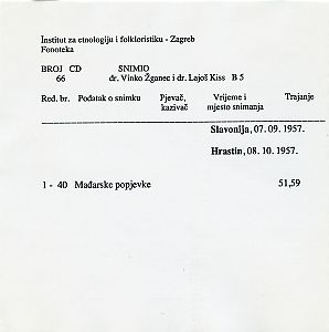 Mađarske narodne pjesme iz Laslova (i Hrastina  ?) 1957.