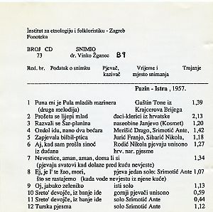 1) Folklorna glazba u Istri.; 2) Folklorna glazba sa Kosmeta (Janjevo,  (hrvatske i druge pjesme svjetovne i crkvene - đaci klerici u Pazinu). 1957.