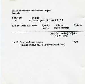 Mađarske narodne pjesme iz Hrastina u Slavoniji, 1958.