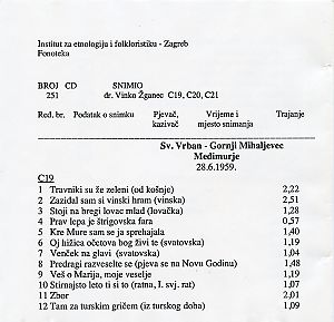 1) Folklorna glazba u Međimurju 1959.; 2) Mallorca dances, 3) Švicarska narodna muzika.
