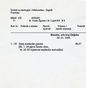 Mađarske narodne pjesme iz Hrastina u Slavoniji, 1958.