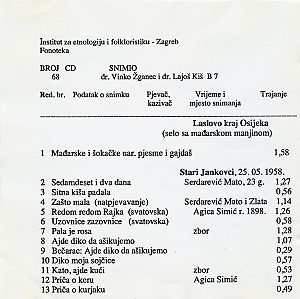 1) Mađarske i hrvatske narodne pjesme iz Laslova.; 2) Pjesme iz  Jankovaca i Vinkovaca , 1958.