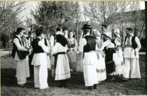 Narodne pjesme iz Bošnjaka i Nijemaca, 1960. i 1962.: Grupa seljaka u narodnim nošnjama okupljena oko tamburaša
