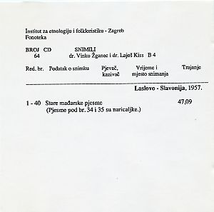Mađarske narodne pjesme iz Laslova, 1957.