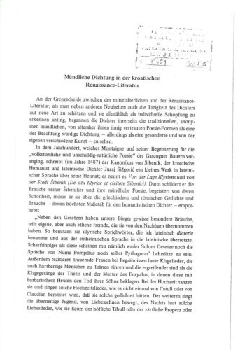 Mündliche Dichtung in der kroatischen Renaissance-Literatur