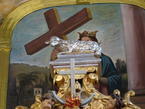 Janje, simbol euharistije, posrebreno drvo, glavni oltar žc Sv. Jelene Zabok, 18. st.