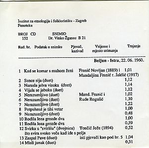 1.  Folklorna glazba u Istri, 1960.; 2. Folklorna glazba na Korčuli, 1960.
