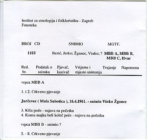 Crkveno pučko, glagoljaško i svjetovno pjevanje. Mala Subotica ( Jurčevec ), Svirče (otok Hvar ), ?.